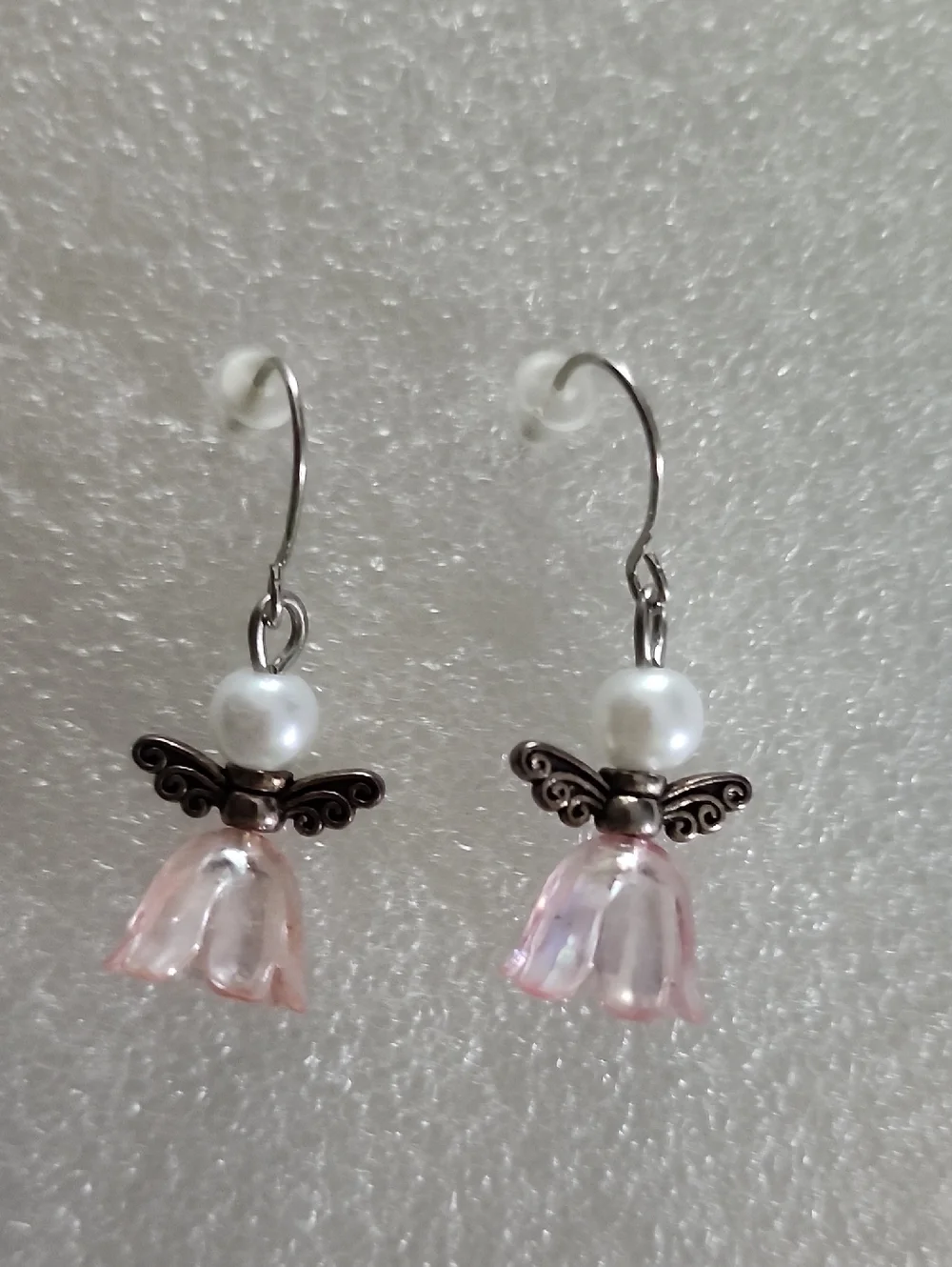 Hand Crafted Pink Angel Dangle Earrings with Silver Wings